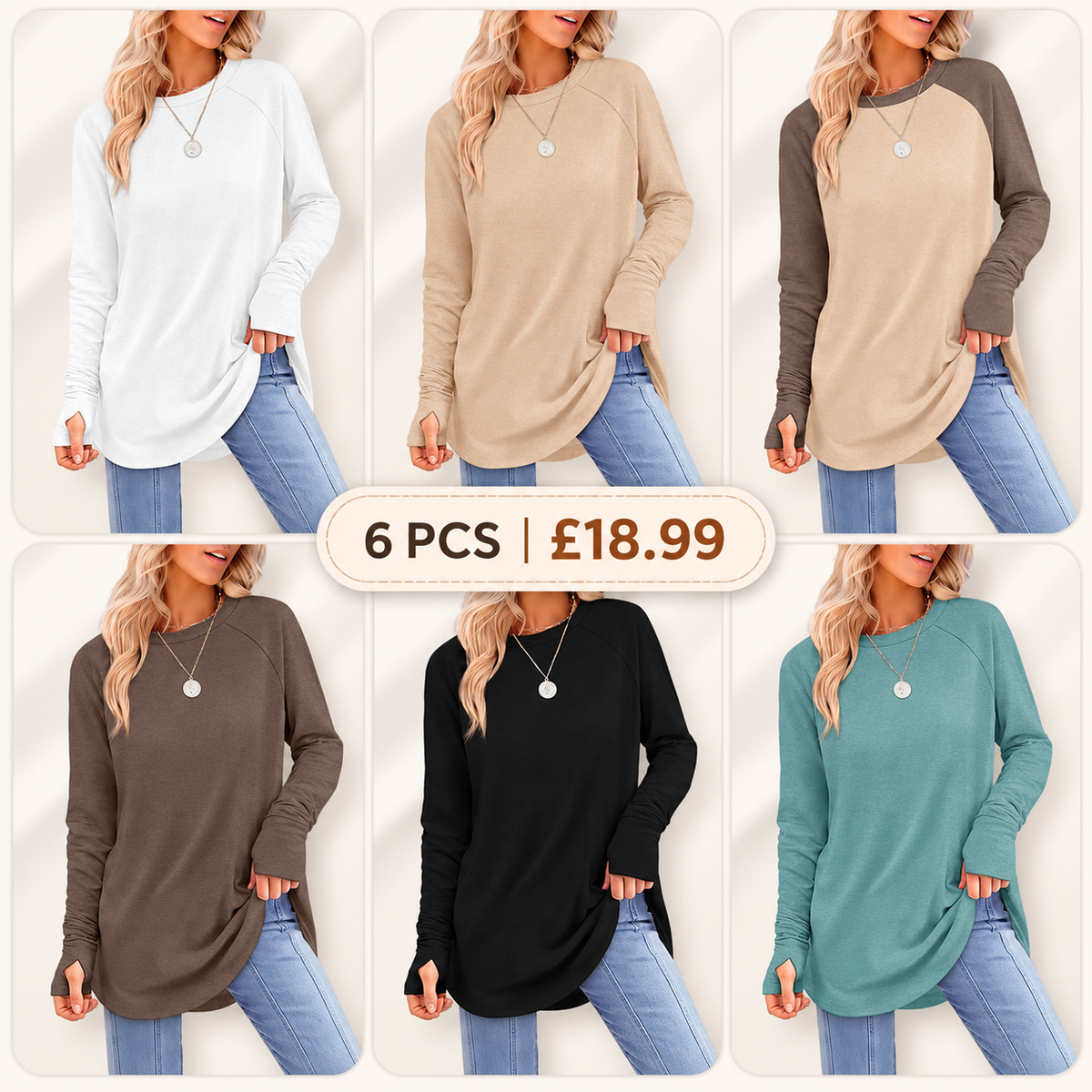 Women's Basic Minimalist Long Sleeve Round Neck Tunic Top - Lady's Spandex Shirt with Thumb Holes, Cuffed Sleeves, Curved Hem, Clothes for Women, Back to School Outfits to Wear with Leggings