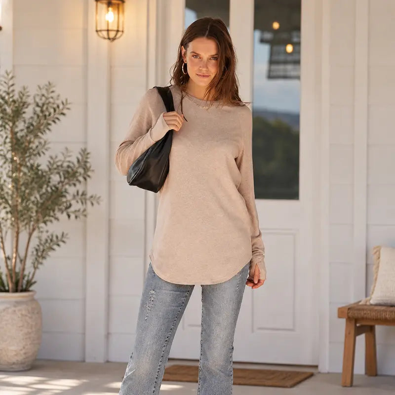 Women's Basic Minimalist Long Sleeve Round Neck Tunic Top - Lady's Spandex Shirt with Thumb Holes, Cuffed Sleeves, Curved Hem, Clothes for Women, Back to School Outfits to Wear with Leggings
