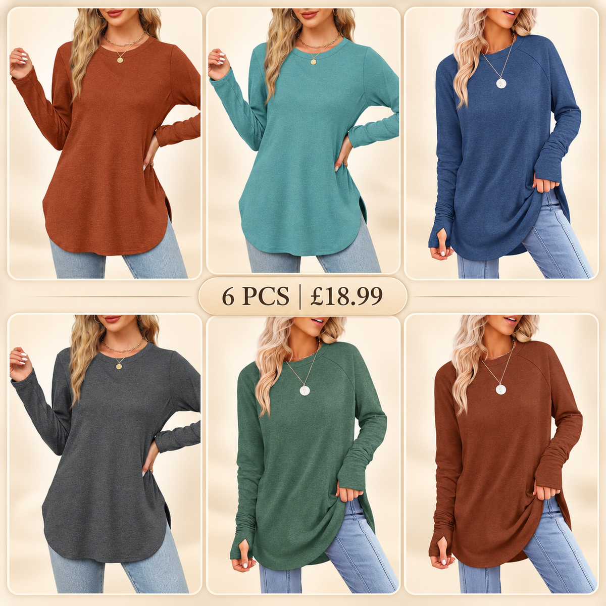 Women's Basic Minimalist Long Sleeve Round Neck Tunic Top - Lady's Spandex Shirt with Thumb Holes, Cuffed Sleeves, Curved Hem, Clothes for Women, Back to School Outfits to Wear with Leggings