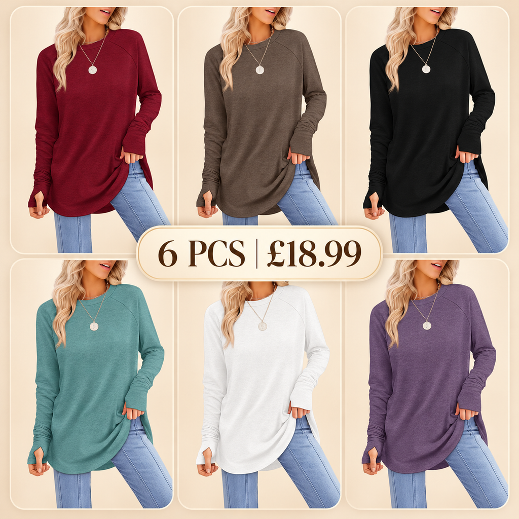 Women's Basic Minimalist Long Sleeve Round Neck Tunic Top - Lady's Spandex Shirt with Thumb Holes, Cuffed Sleeves, Curved Hem, Clothes for Women, Back to School Outfits to Wear with Leggings