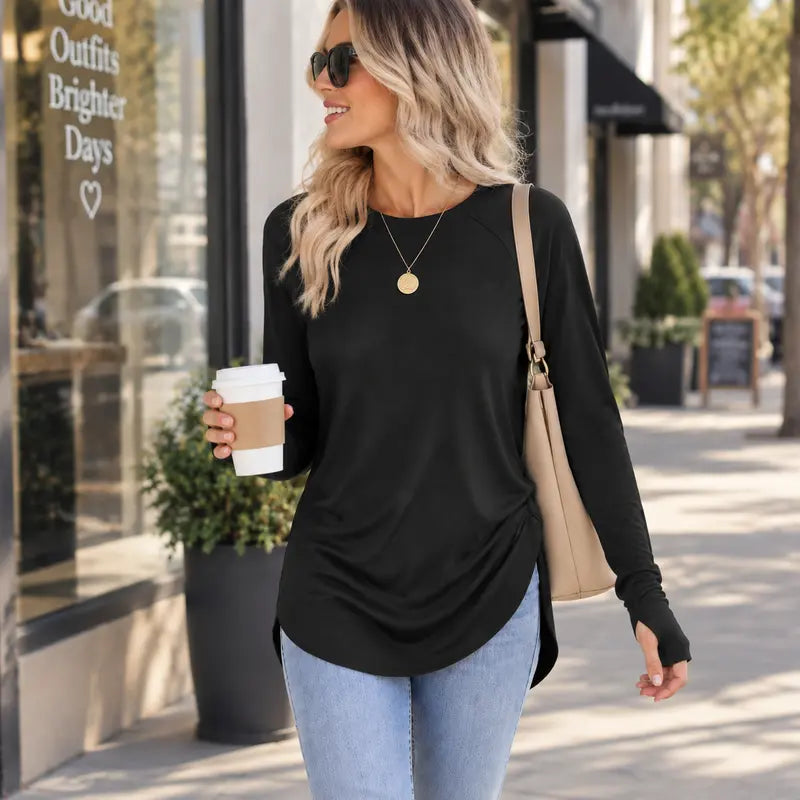Women's Basic Minimalist Long Sleeve Round Neck Tunic Top - Lady's Spandex Shirt with Thumb Holes, Cuffed Sleeves, Curved Hem, Clothes for Women, Back to School Outfits to Wear with Leggings