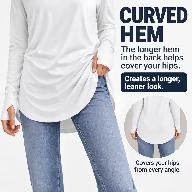 Women's Basic Minimalist Long Sleeve Round Neck Tunic Top - Lady's Spandex Shirt with Thumb Holes, Cuffed Sleeves, Curved Hem, Clothes for Women, Back to School Outfits to Wear with Leggings